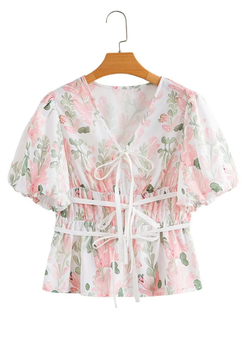 Pink Floral Puff Sleeve V Neck Tied Front Peplum Blouse - Love Salve